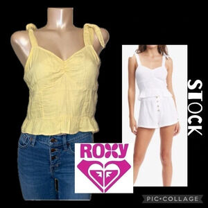Roxy women’s top XL shirt tank yellow peplum tie smock stretch cotton